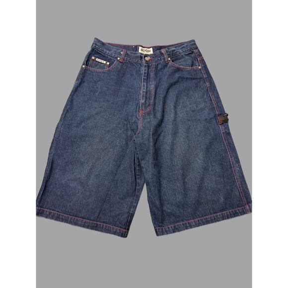 Y2K Boom X Red Outlined Hip Hop Jean Shorts Size 38 - Picture 1 of 12